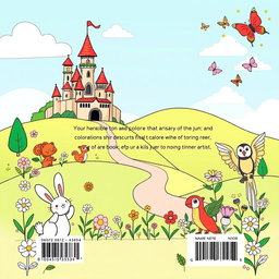 A delightful book back cover design for children, featuring an enchanting landscape with a whimsical castle, lush green hills, and a bright blue sky