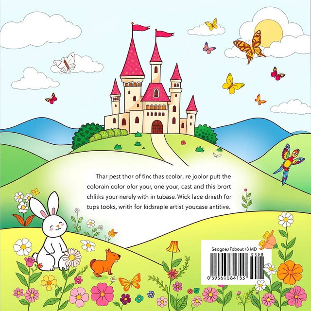 A delightful book back cover design for children, featuring an enchanting landscape with a whimsical castle, lush green hills, and a bright blue sky