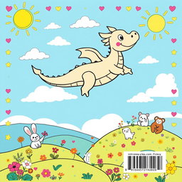 A captivating back cover design for a children's coloring book, featuring a whimsical landscape filled with playful elements