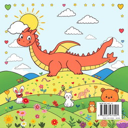 A captivating back cover design for a children's coloring book, featuring a whimsical landscape filled with playful elements