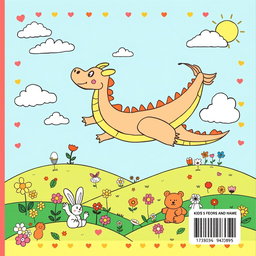A captivating back cover design for a children's coloring book, featuring a whimsical landscape filled with playful elements