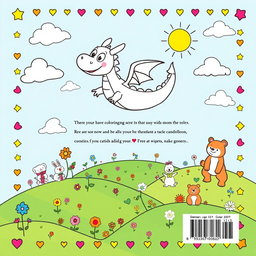 A captivating back cover design for a children's coloring book, featuring a whimsical landscape filled with playful elements