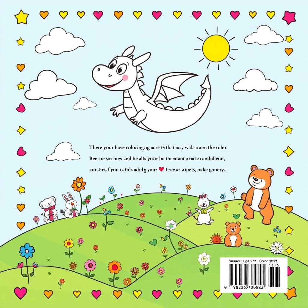 A captivating back cover design for a children's coloring book, featuring a whimsical landscape filled with playful elements