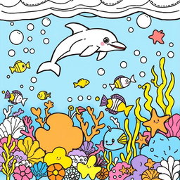An engaging coloring page for kids, featuring a lively underwater scene filled with cheerful sea creatures