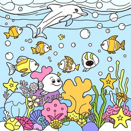 An engaging coloring page for kids, featuring a lively underwater scene filled with cheerful sea creatures