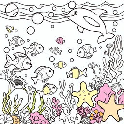 An engaging coloring page for kids, featuring a lively underwater scene filled with cheerful sea creatures