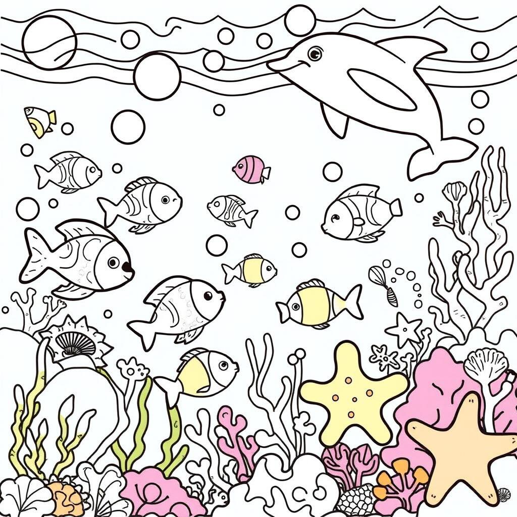 An engaging coloring page for kids, featuring a lively underwater scene filled with cheerful sea creatures