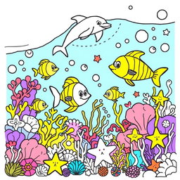 An engaging coloring page for kids, featuring a lively underwater scene filled with cheerful sea creatures