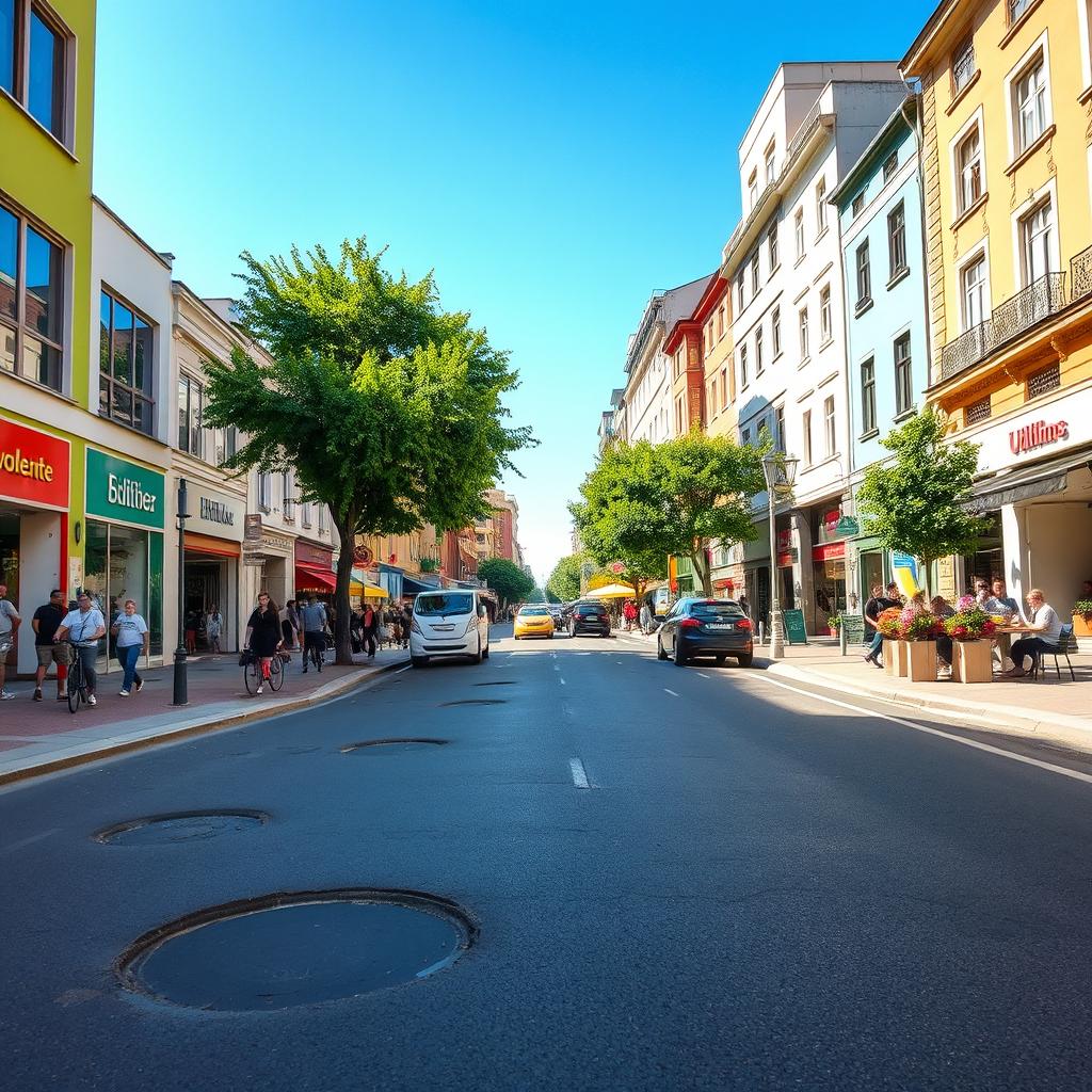 A street view of a vibrant city during a sunny day, showcasing a busy urban environment with pedestrians walking, colorful storefronts, and a mixture of modern and historical architecture