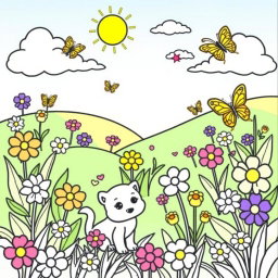 A delightful coloring page specifically designed for kids, featuring a whimsical garden scene with friendly animals such as a playful puppy, a curious kitten, and cheerful butterflies
