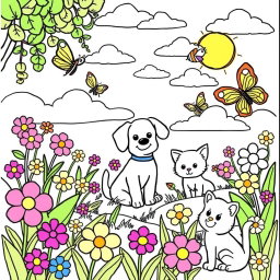 A delightful coloring page specifically designed for kids, featuring a whimsical garden scene with friendly animals such as a playful puppy, a curious kitten, and cheerful butterflies