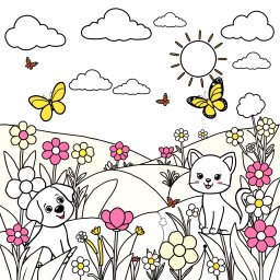 A delightful coloring page specifically designed for kids, featuring a whimsical garden scene with friendly animals such as a playful puppy, a curious kitten, and cheerful butterflies
