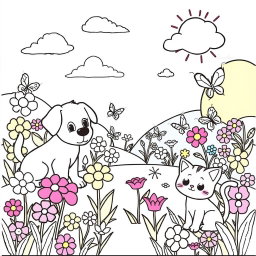 A delightful coloring page specifically designed for kids, featuring a whimsical garden scene with friendly animals such as a playful puppy, a curious kitten, and cheerful butterflies