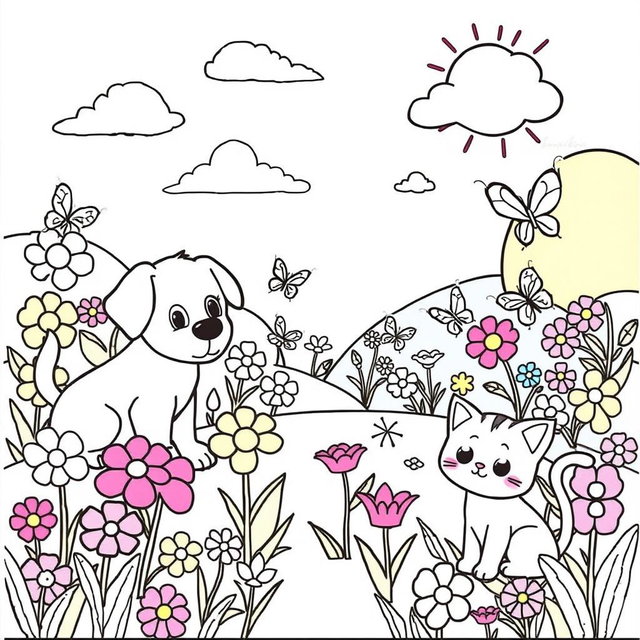 A delightful coloring page specifically designed for kids, featuring a whimsical garden scene with friendly animals such as a playful puppy, a curious kitten, and cheerful butterflies