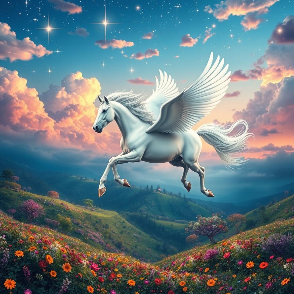 A majestic white flying horse soaring through the enchanting landscape of a dreamland, surrounded by vibrant clouds and sparkling stars in a twilight sky