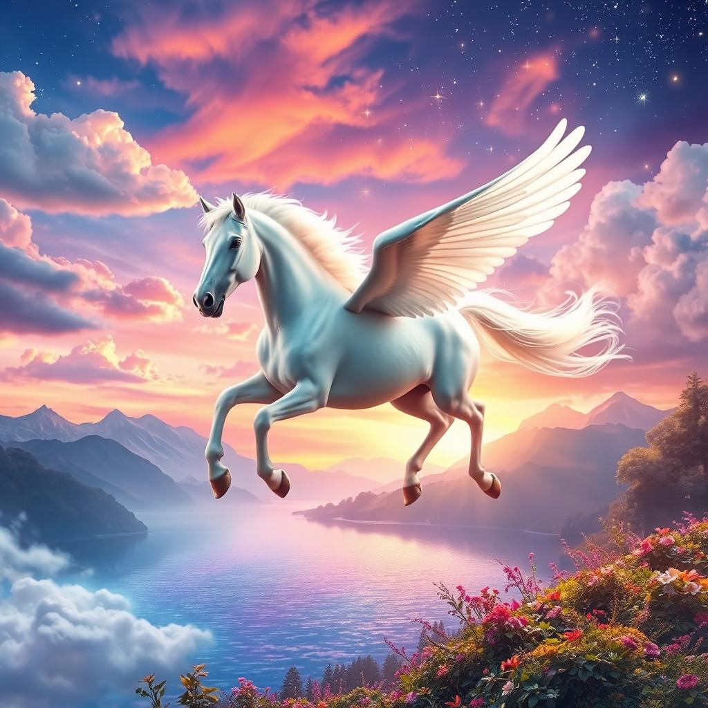 A majestic white flying horse soaring gracefully through a fantastical landscape filled with vibrant colors and dreamlike elements, including whimsical clouds, sparkling stars, and lush, enchanting flora