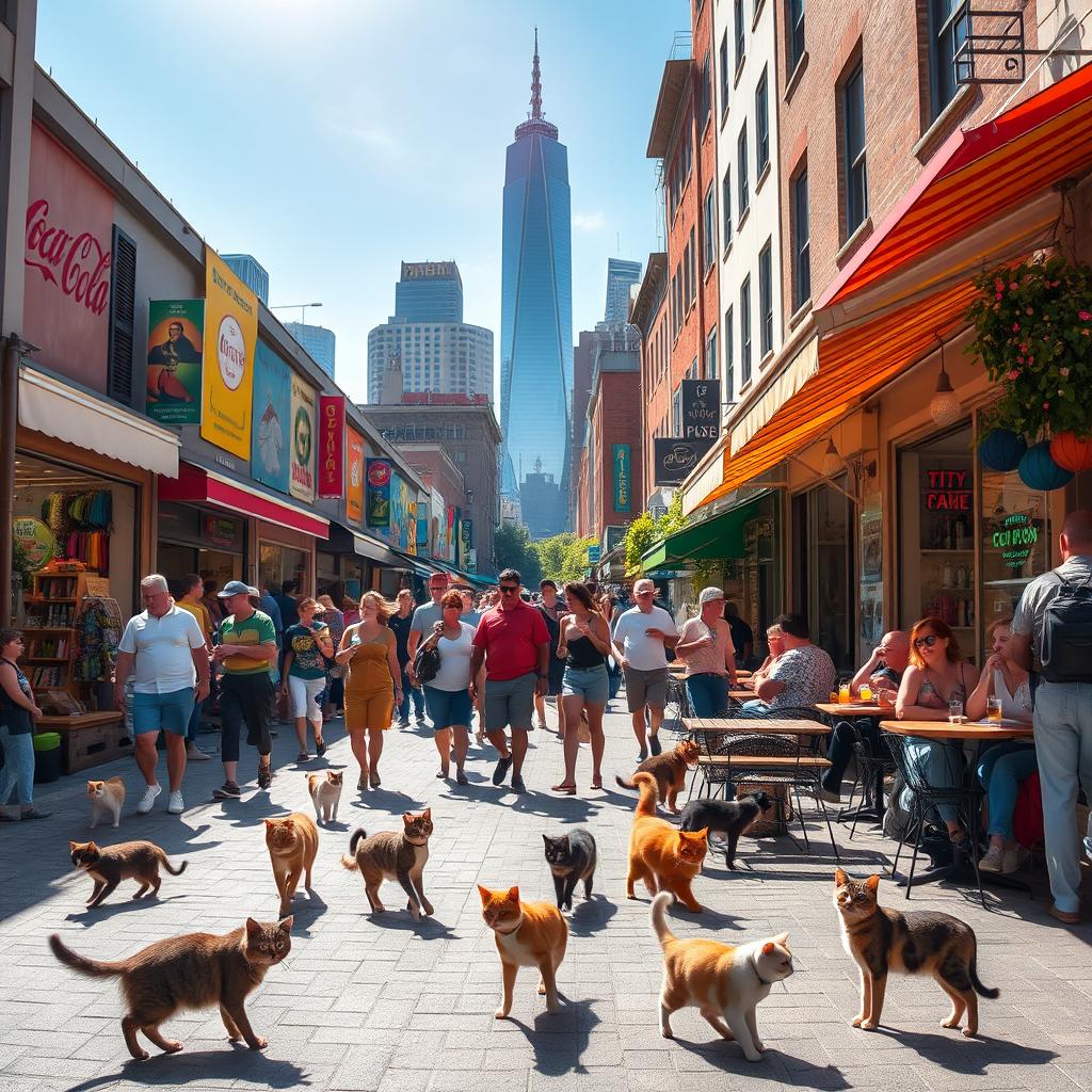 A vibrant street scene in a bustling urban environment, lively people walking about, shops full of colorful merchandise, and a beautiful skyline in the background