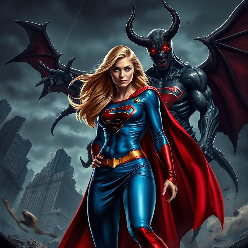 A dramatic and intense scene featuring a strong, heroic female character reminiscent of Supergirl, dressed in a stylish, modern superhero costume with a vibrant blue and red color scheme