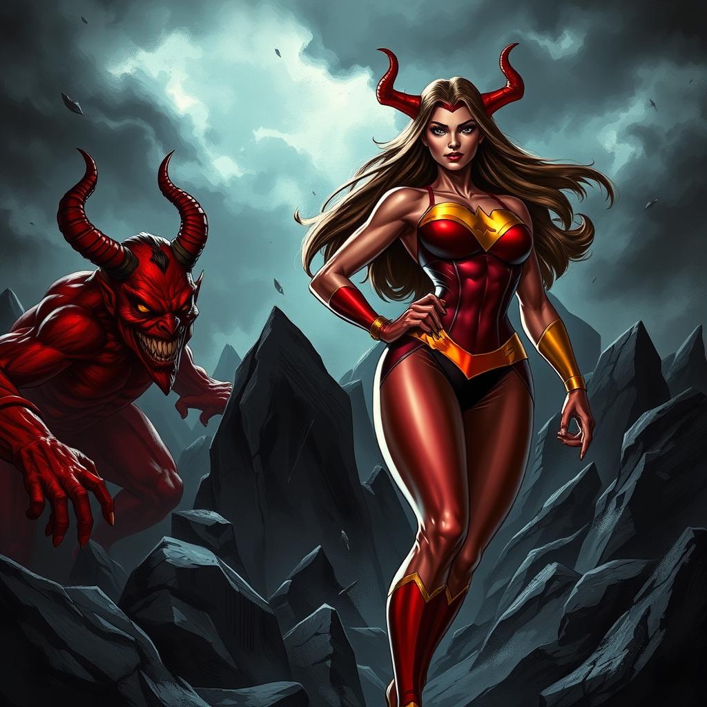 A dark, intense scene featuring a powerful superheroine, embodying strength and resilience