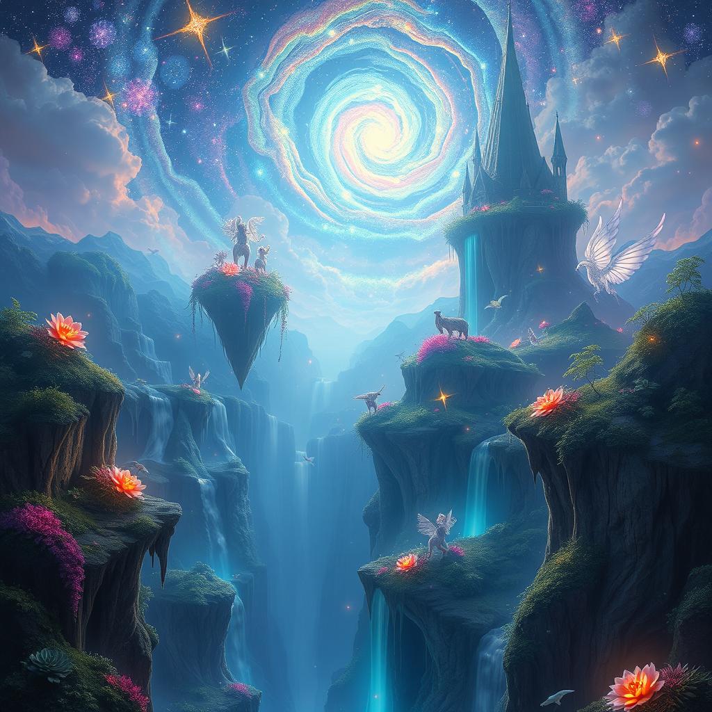 A stunning visual representation of a mystical, otherworldly realm, combining elements of a dreamlike landscape with vivid colors and surreal features