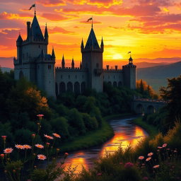 A breathtaking medieval castle silhouetted against a stunning sunset, with warm hues of orange, pink, and purple in the sky