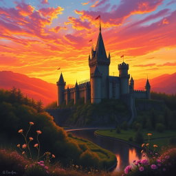 A breathtaking medieval castle silhouetted against a stunning sunset, with warm hues of orange, pink, and purple in the sky