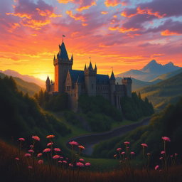A breathtaking medieval castle silhouetted against a stunning sunset, with warm hues of orange, pink, and purple in the sky