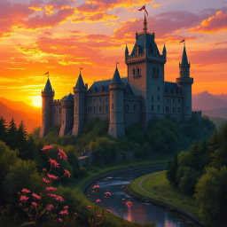 A breathtaking medieval castle silhouetted against a stunning sunset, with warm hues of orange, pink, and purple in the sky