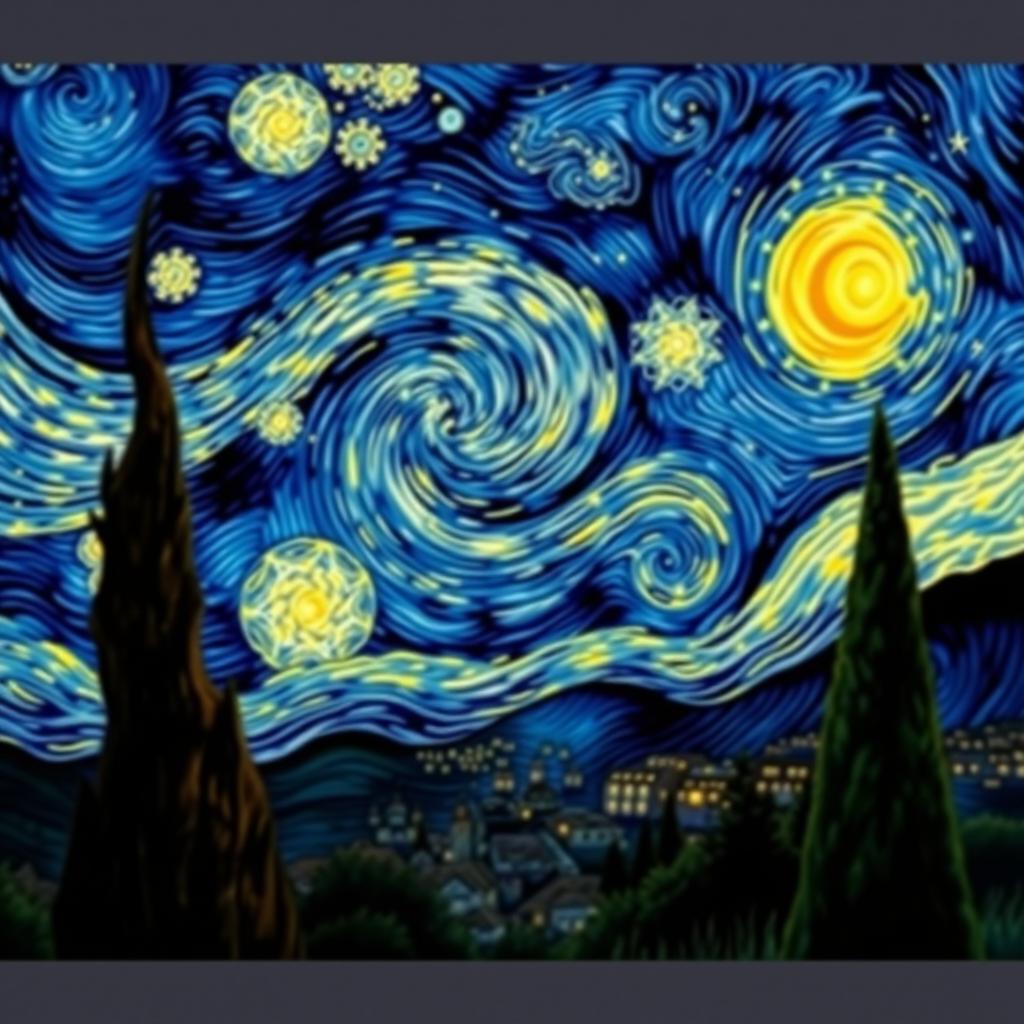 A stunning piece of digital art inspired by Van Gogh's 'Starry Night', showcasing swirling stars and a vibrant night sky