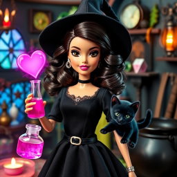 A stylish Barbie with wavy dark brown hair and a beauty mark on her lips, possessing charming brown eyes
