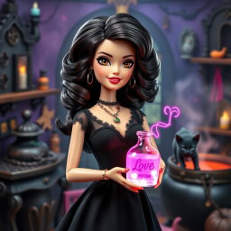 A stylish Barbie with wavy dark brown hair and a beauty mark on her lips, possessing charming brown eyes