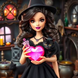 A stylish Barbie with wavy dark brown hair and a beauty mark on her lips, possessing charming brown eyes