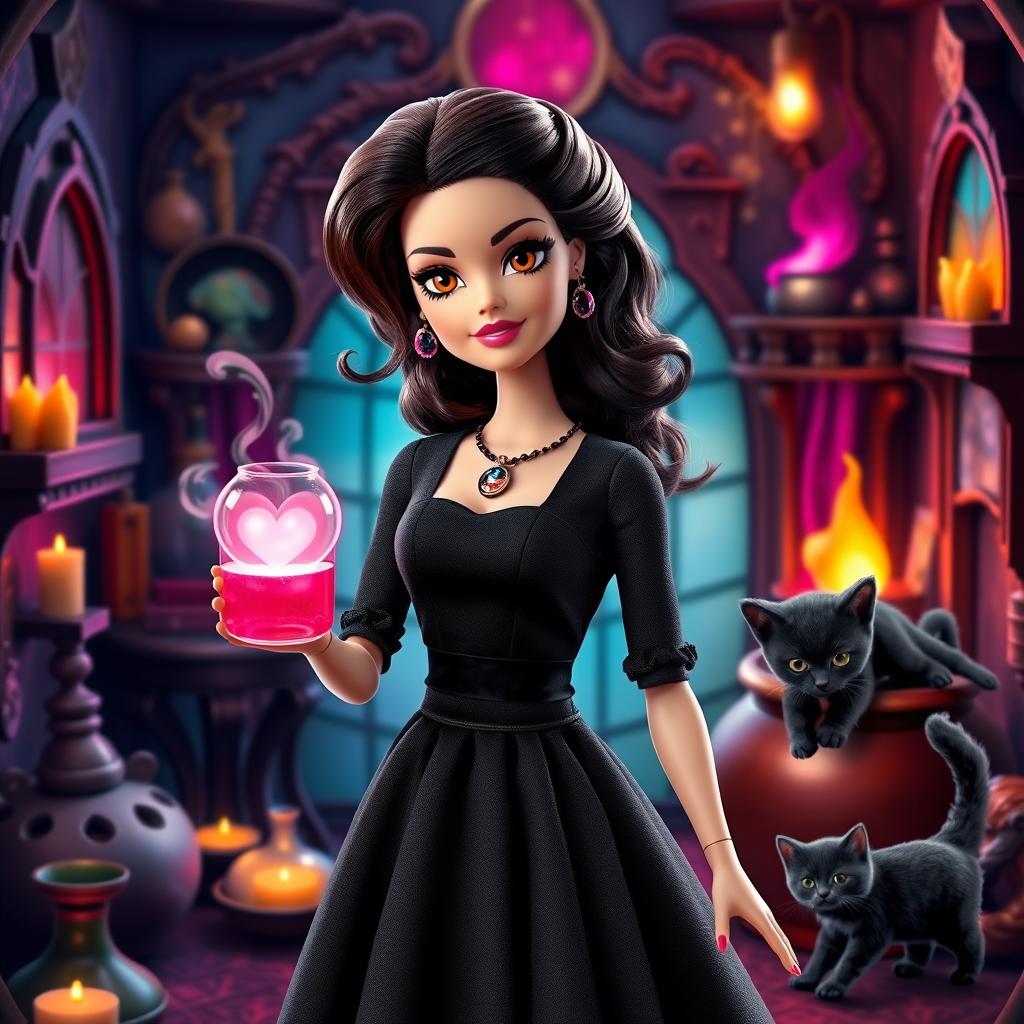A stylish Barbie with wavy dark brown hair and a beauty mark on her lips, possessing charming brown eyes