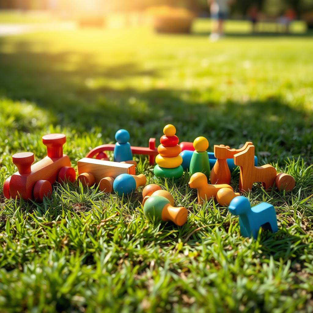 A serene and nostalgic scene featuring a collection of colorful wooden toys scattered on a grassy ground