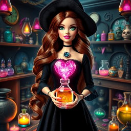 A beautiful Barbie with very long wavy chestnut hair and a beauty mark on her lips, showcasing striking green eyes