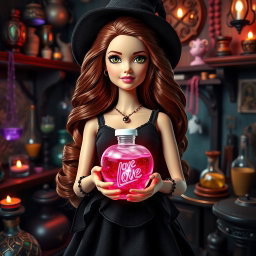 A beautiful Barbie with very long wavy chestnut hair and a beauty mark on her lips, showcasing striking green eyes