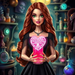 A beautiful Barbie with very long wavy chestnut hair and a beauty mark on her lips, showcasing striking green eyes