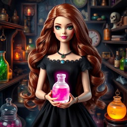 A beautiful Barbie with very long wavy chestnut hair and a beauty mark on her lips, showcasing striking green eyes