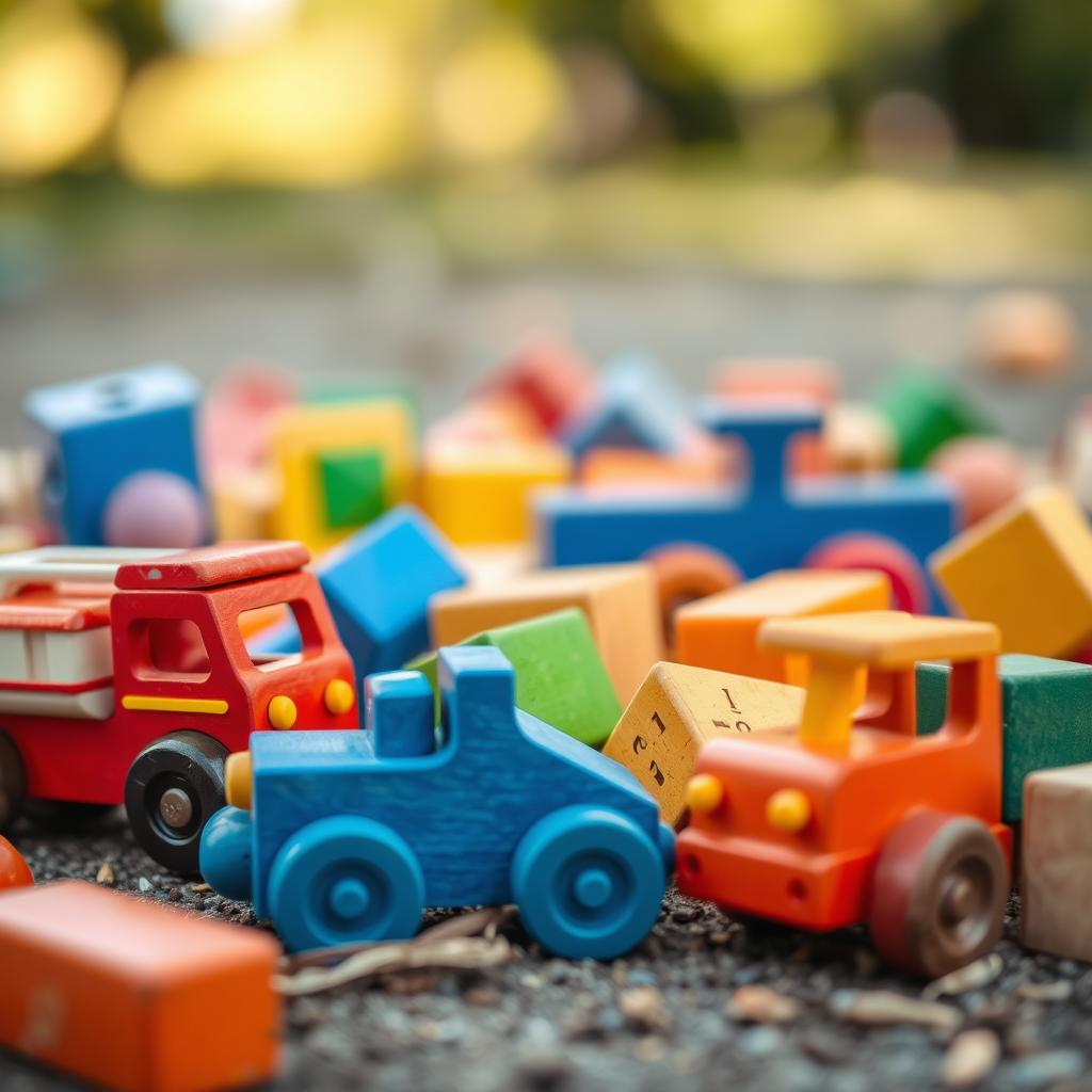 A close-up shot of colorful wooden toys scattered on the ground, showcasing intricate details of each toy, including a bright red fire truck, a blue train, and various geometric blocks