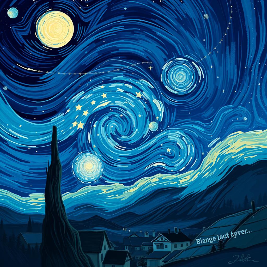 A stunning digital art piece inspired by the concept of 'Starry Night', incorporating the seven principles of art: balance, contrast, emphasis, movement, pattern, rhythm, and unity