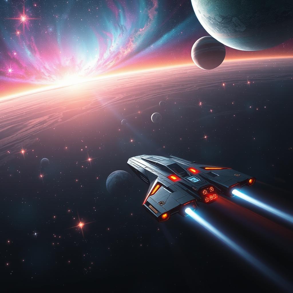 A captivating digital art scene depicting a vast space exploration theme for a sci-fi book cover