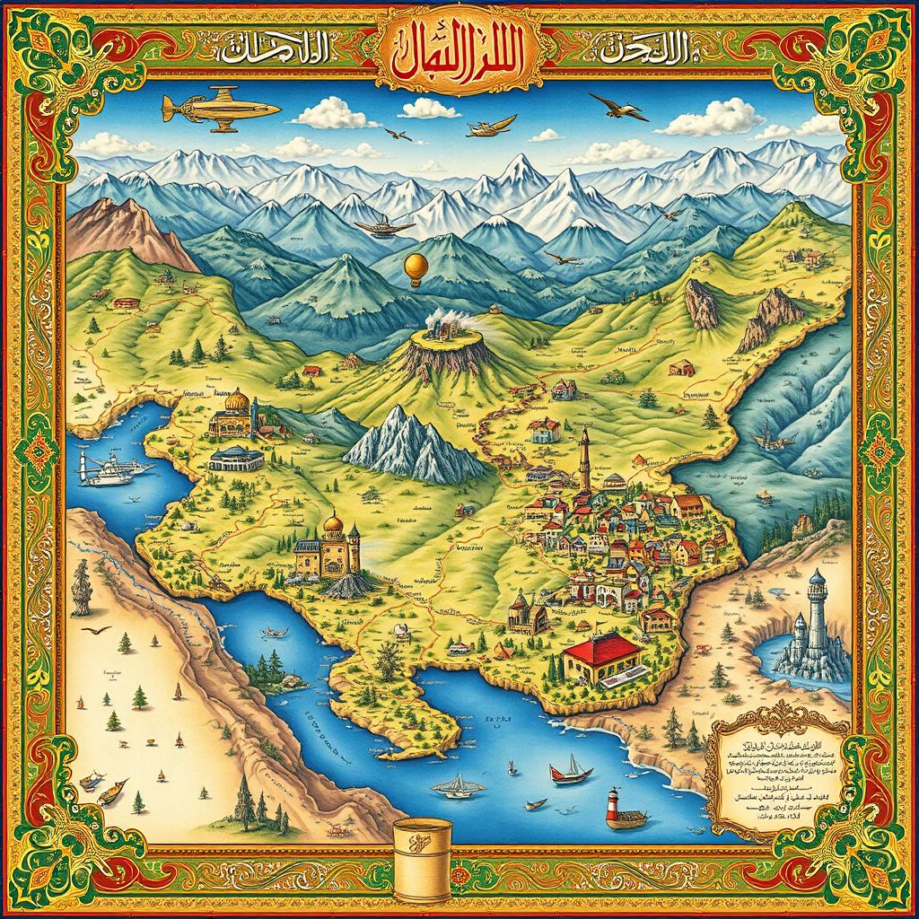 An intricate and colorful map inspired by Persian artistry, featuring detailed illustrations of mountains, rivers, and cities, with ornate borders and calligraphy
