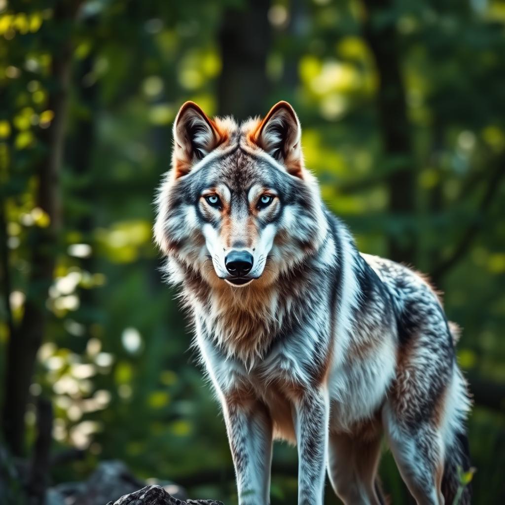 A stunning and majestic wolf standing proudly in a natural forest setting, captured in sharp focus with a raw, lifelike appearance