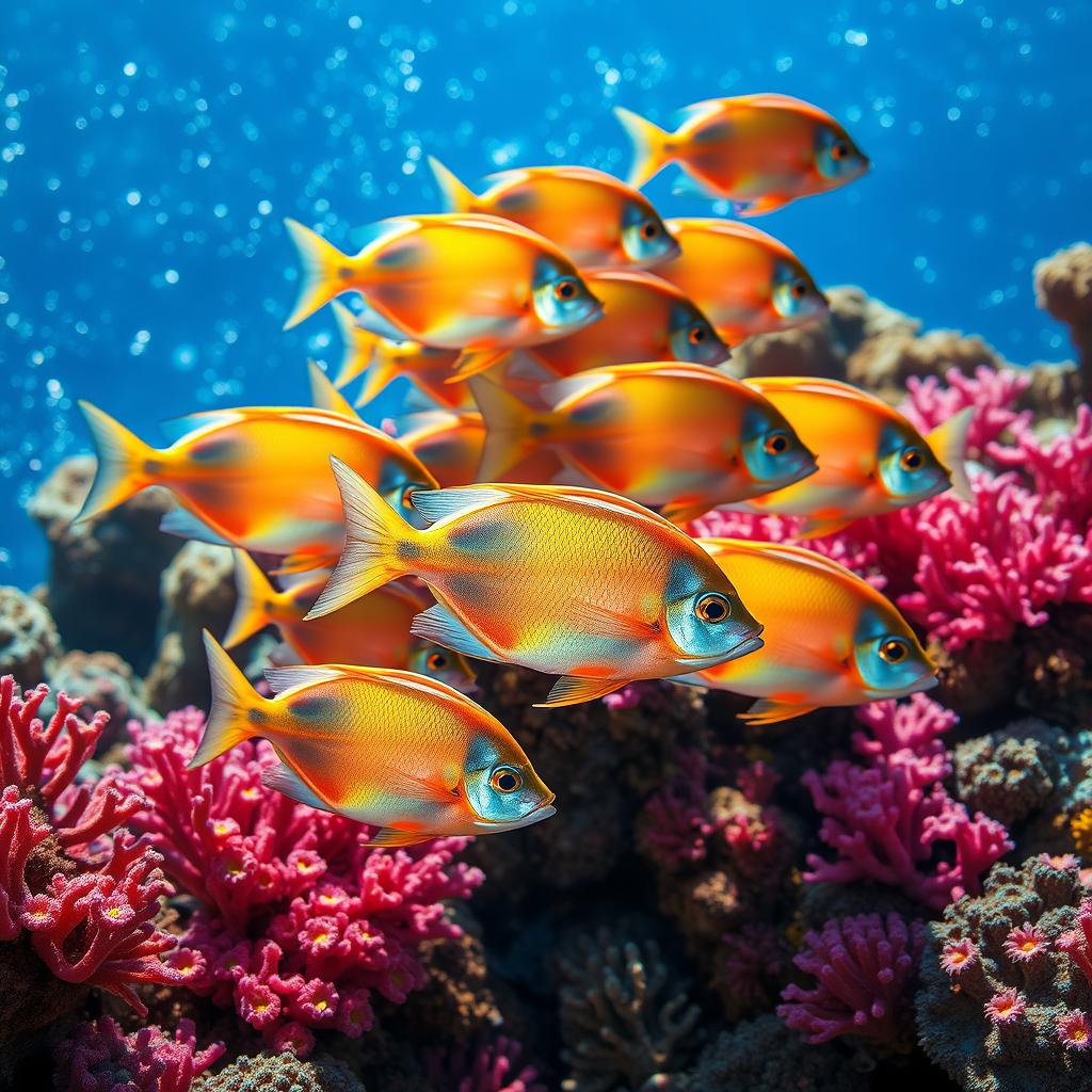 A stunningly vibrant aquatic scene featuring a school of shine fish gracefully swimming through a colorful coral reef