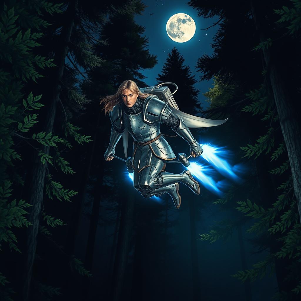 A valiant knight wearing shining armor, equipped with a futuristic jetpack, soaring through a dark forest at night