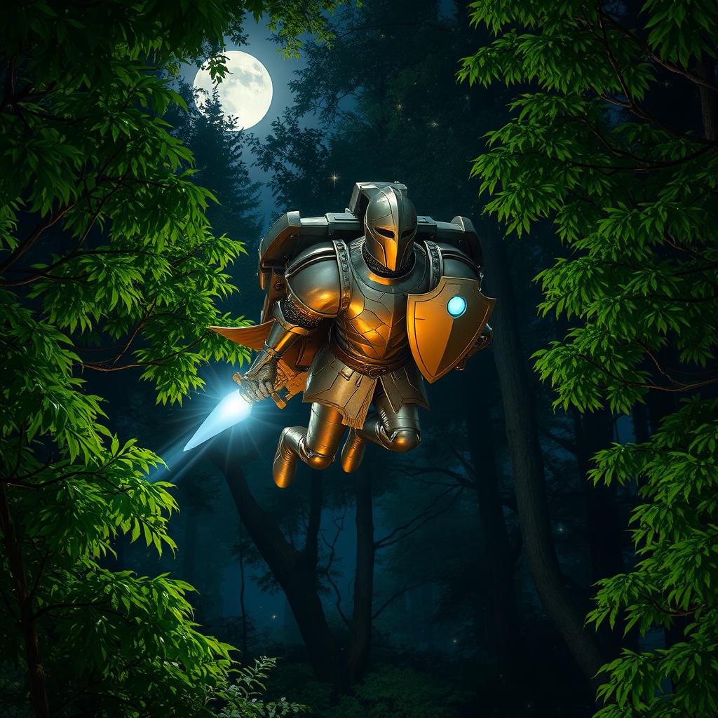 A knight wearing a gleaming suit of armor is soaring through a lush forest at night, equipped with a futuristic jetpack