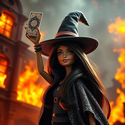 A Barbie witch with long, dark brown hair is holding a tarot card high in the air, displaying her excitement