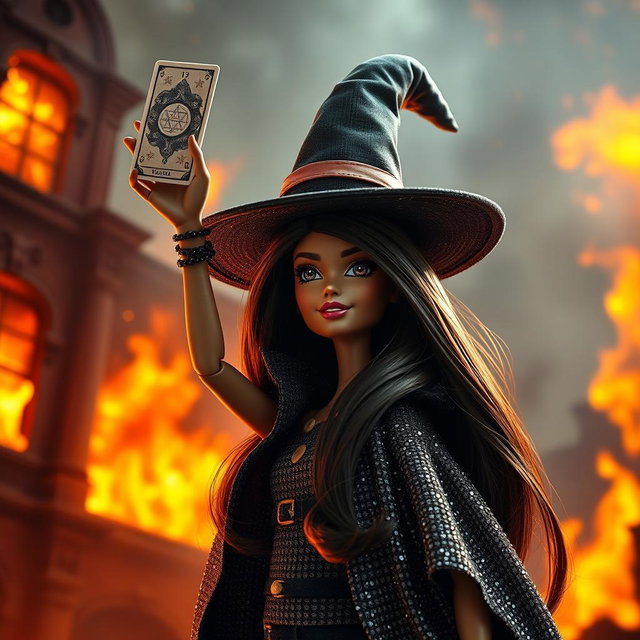 A Barbie witch with long, dark brown hair is holding a tarot card high in the air, displaying her excitement