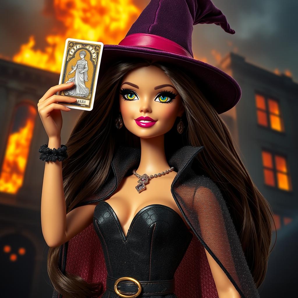 A Barbie witch with long, dark brown hair is holding a tarot card high in the air, displaying her excitement