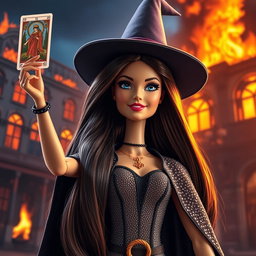 A Barbie witch with long, dark brown hair is holding a tarot card high in the air, displaying her excitement